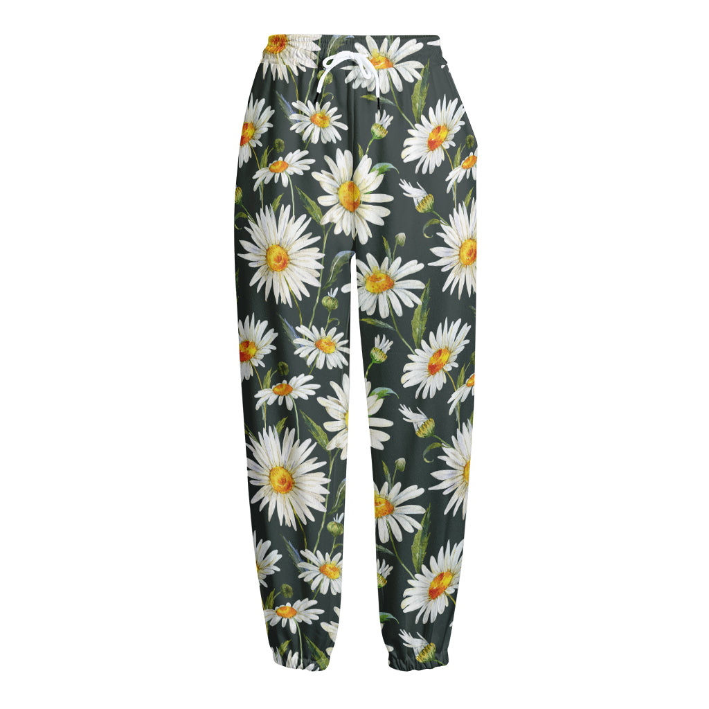 Watercolor Daisy Flower Pattern Print Fleece Lined Knit Pants