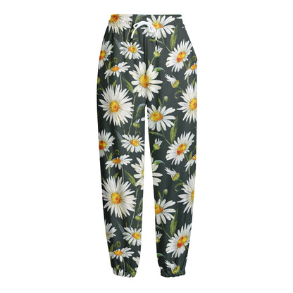 Watercolor Daisy Flower Pattern Print Fleece Lined Knit Pants