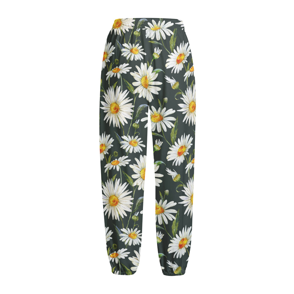 Watercolor Daisy Flower Pattern Print Fleece Lined Knit Pants