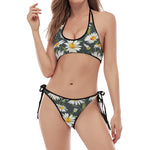 Watercolor Daisy Flower Pattern Print Halter Scoop Tie Side Bikini