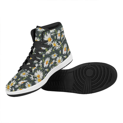 Watercolor Daisy Flower Pattern Print High Top Leather Sneakers