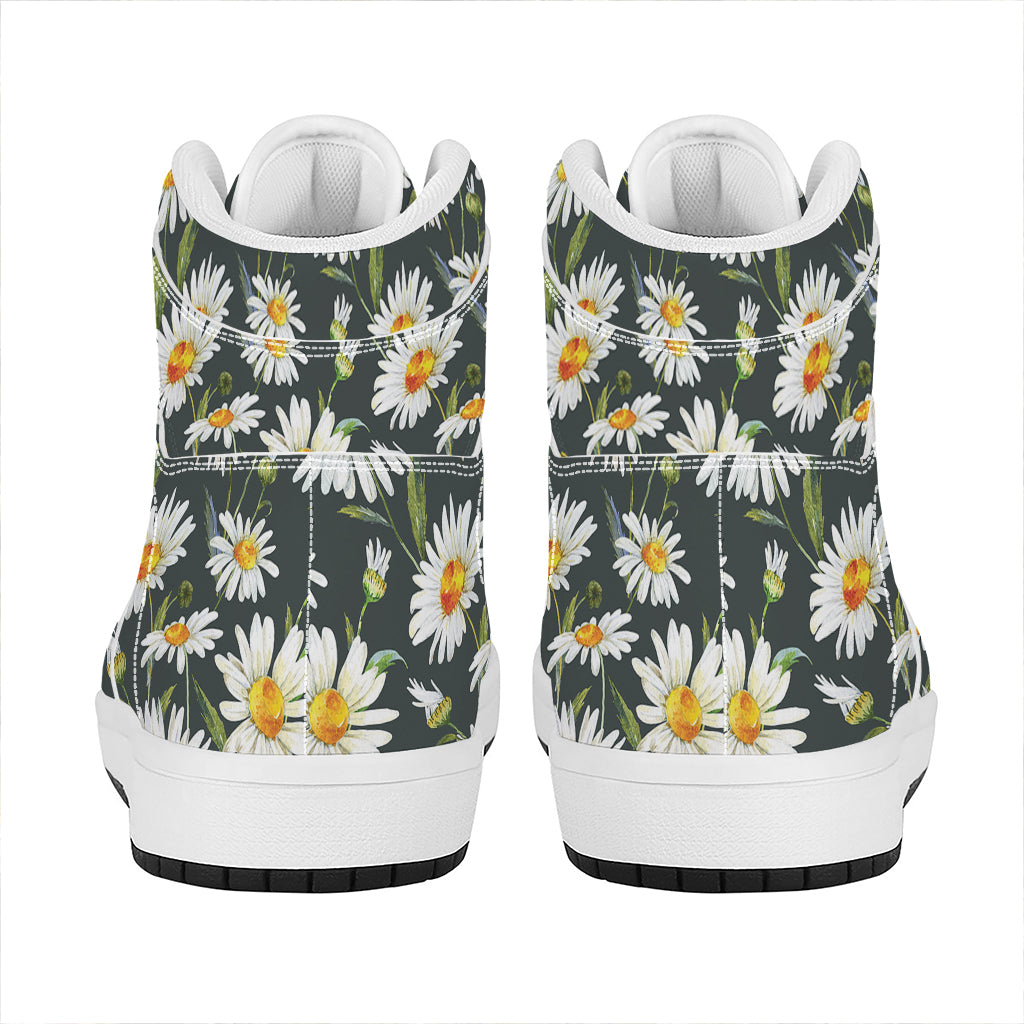 Watercolor Daisy Flower Pattern Print High Top Leather Sneakers