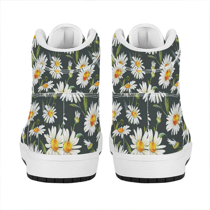 Watercolor Daisy Flower Pattern Print High Top Leather Sneakers
