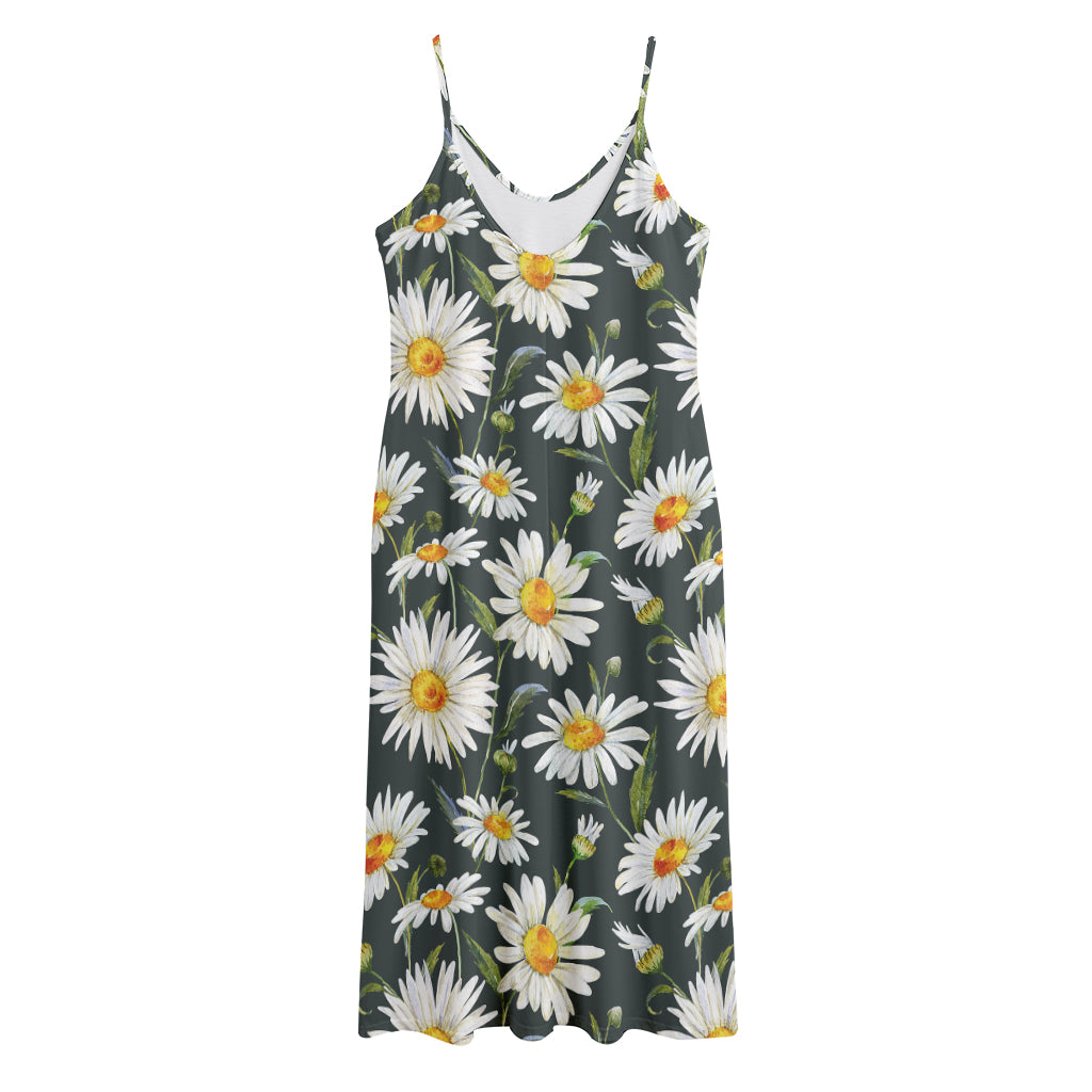 Watercolor Daisy Flower Pattern Print Jersey Midi Cami Dress