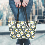 Watercolor Daisy Flower Pattern Print Leather Tote Bag
