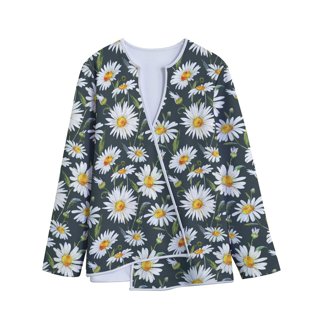 Watercolor Daisy Flower Pattern Print Long Sleeve Short Coat