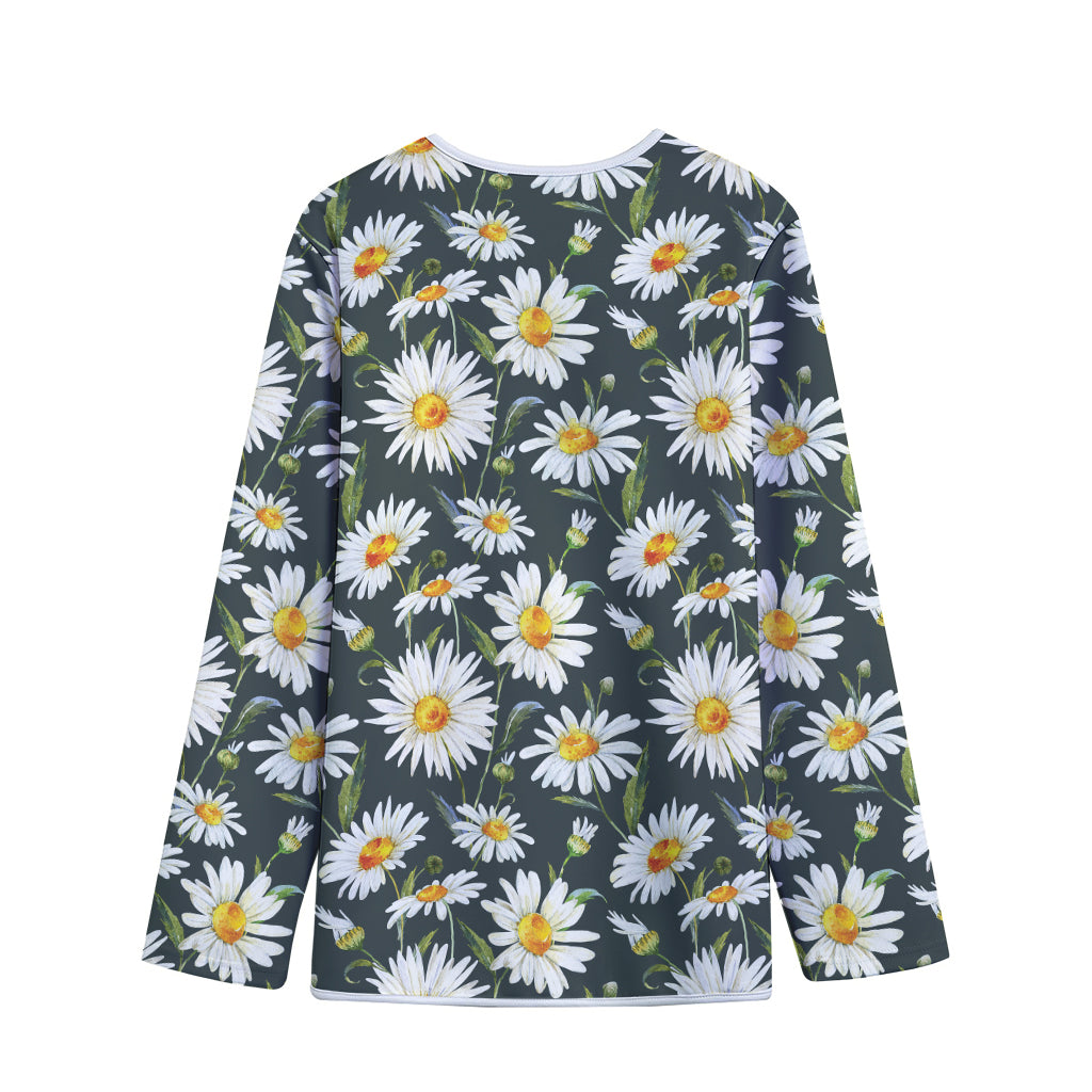 Watercolor Daisy Flower Pattern Print Long Sleeve Short Coat