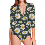 Watercolor Daisy Flower Pattern Print Long Sleeve Swimsuit