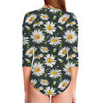 Watercolor Daisy Flower Pattern Print Long Sleeve Swimsuit