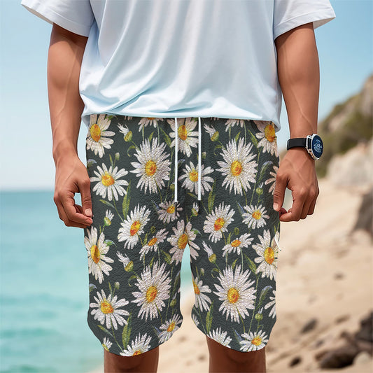 Watercolor Daisy Flower Pattern Print Men's Cargo Shorts