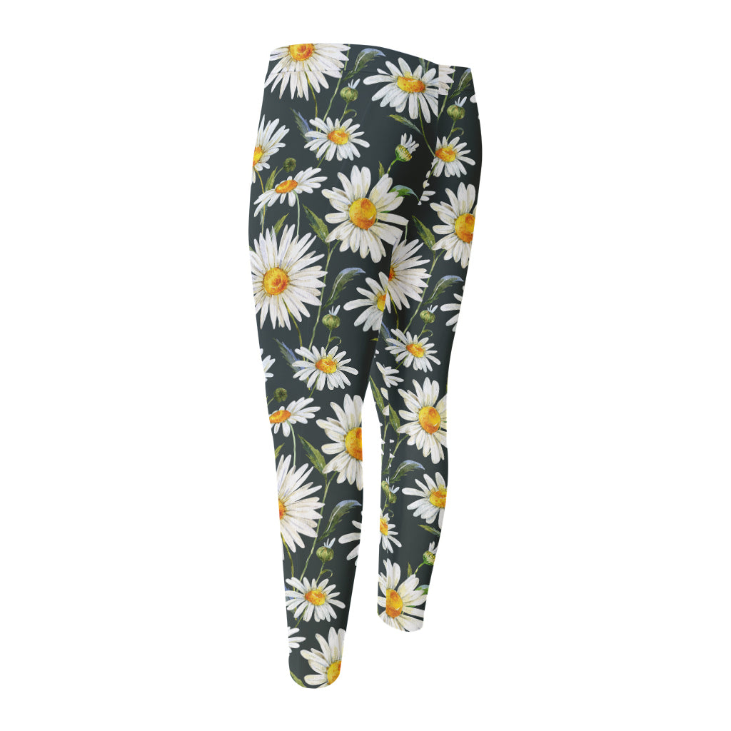 Watercolor Daisy Flower Pattern Print Men's Compression Pants