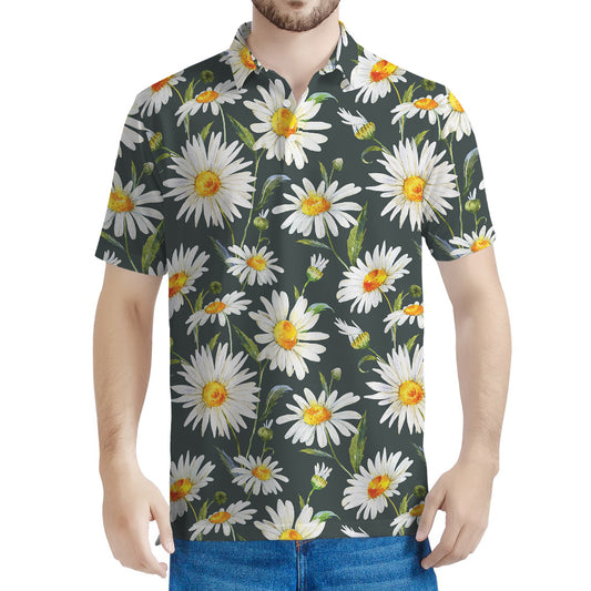 Watercolor Daisy Flower Pattern Print Men's Polo Shirt