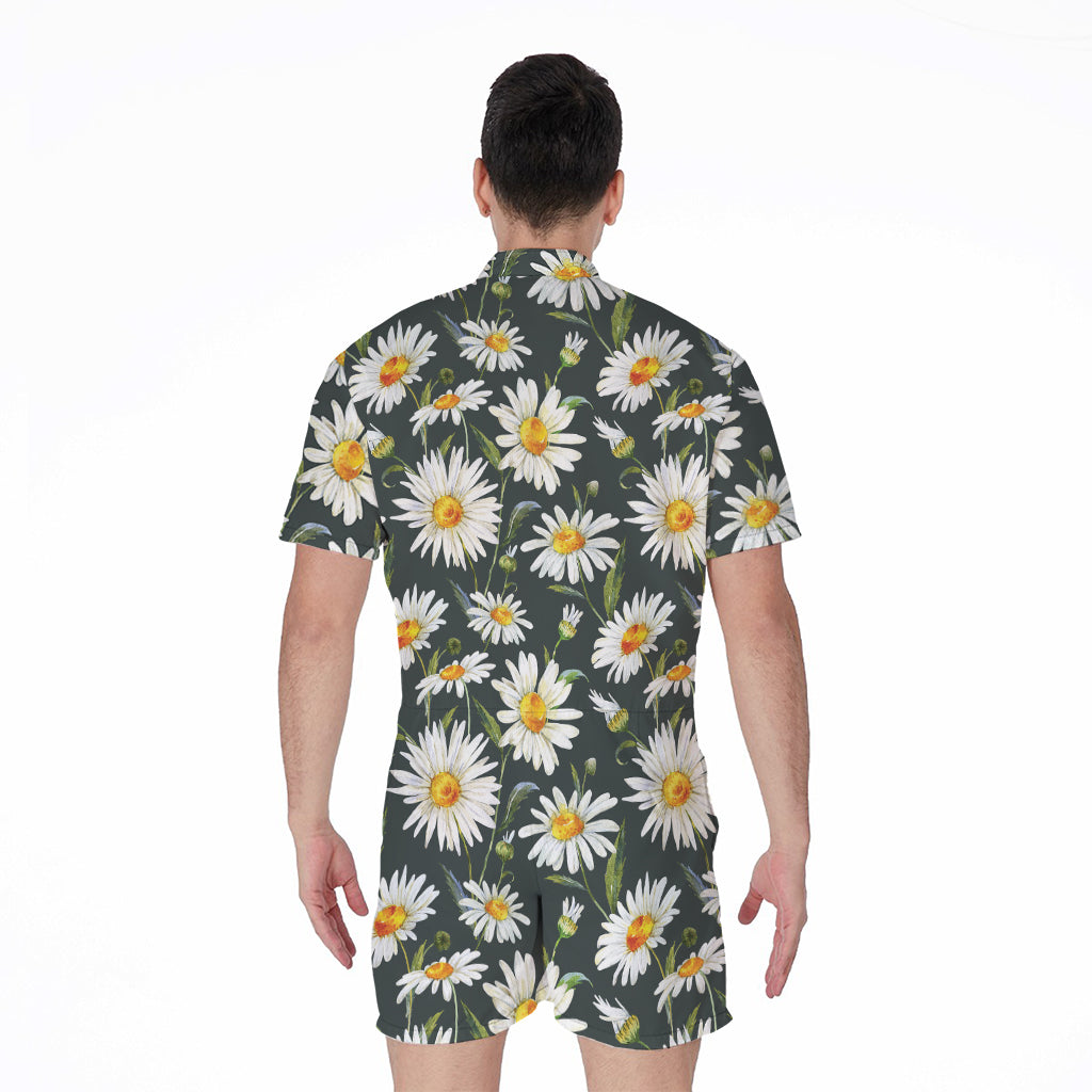 Watercolor Daisy Flower Pattern Print Men's Rompers