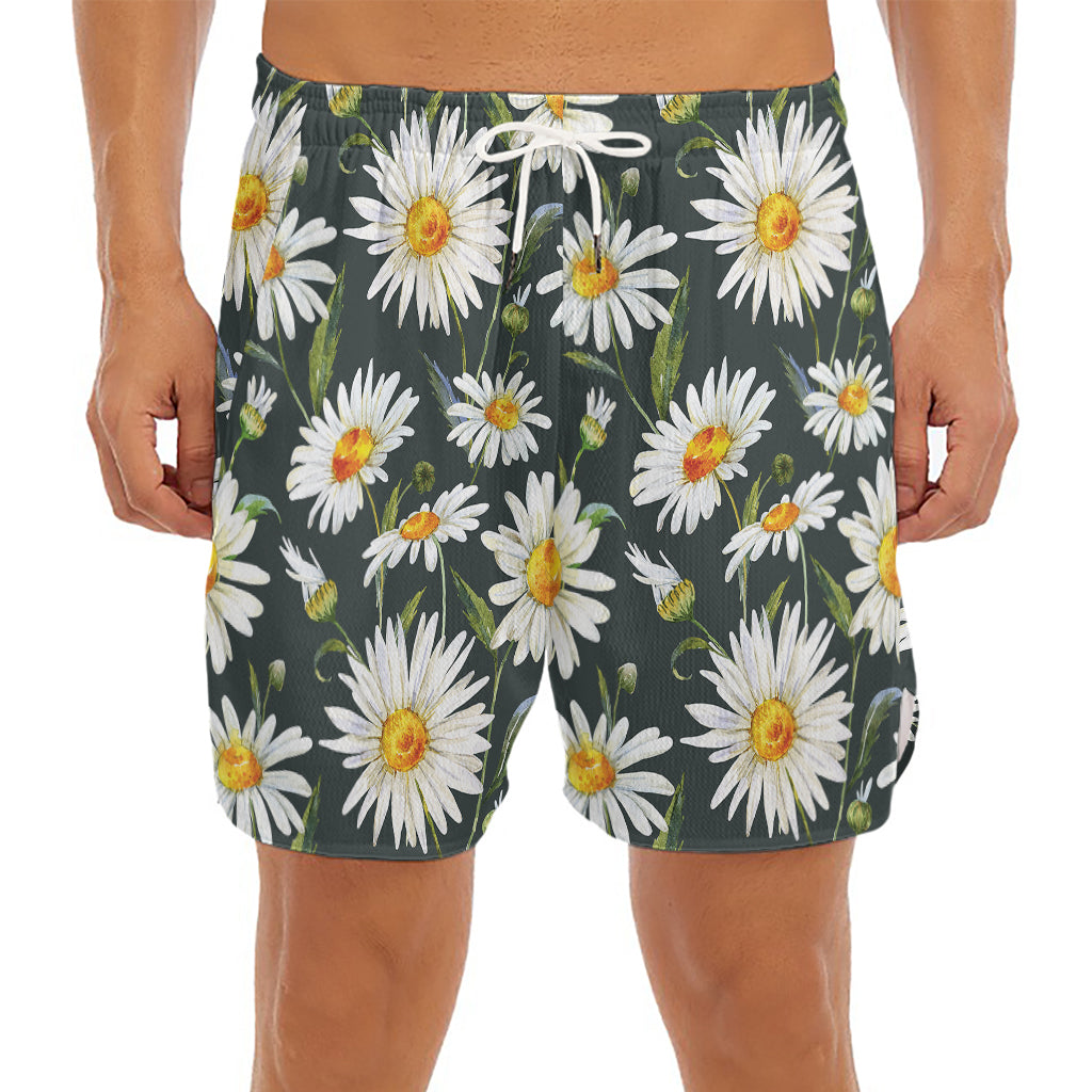 Watercolor Daisy Flower Pattern Print Men's Split Running Shorts