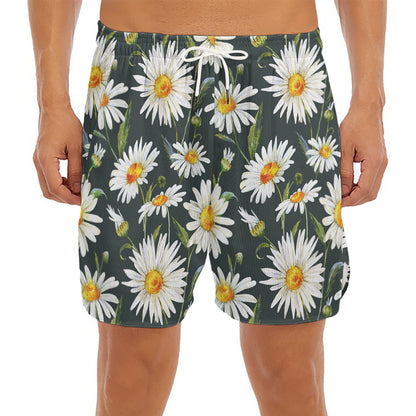 Watercolor Daisy Flower Pattern Print Men's Split Running Shorts