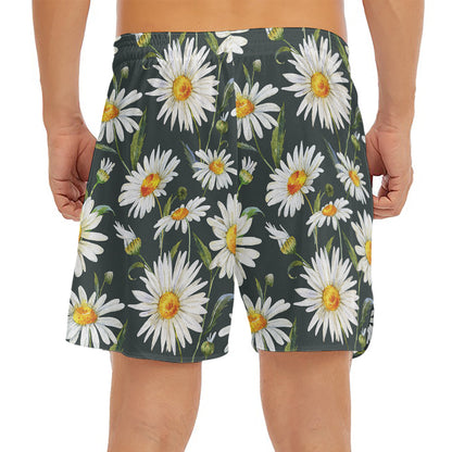 Watercolor Daisy Flower Pattern Print Men's Split Running Shorts
