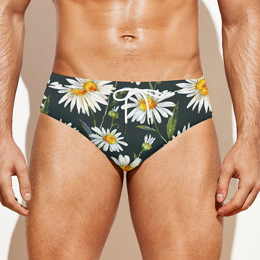 Watercolor Daisy Flower Pattern Print Men's Swim Briefs