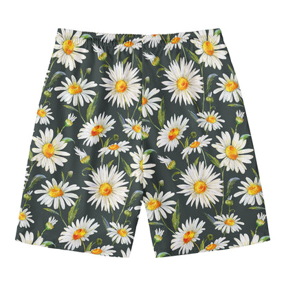 Watercolor Daisy Flower Pattern Print Men's Swim Trunks