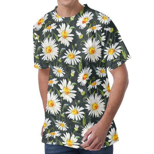 Watercolor Daisy Flower Pattern Print Men's Velvet T-Shirt