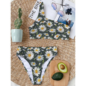 Watercolor Daisy Flower Pattern Print One Shoulder Bikini Top