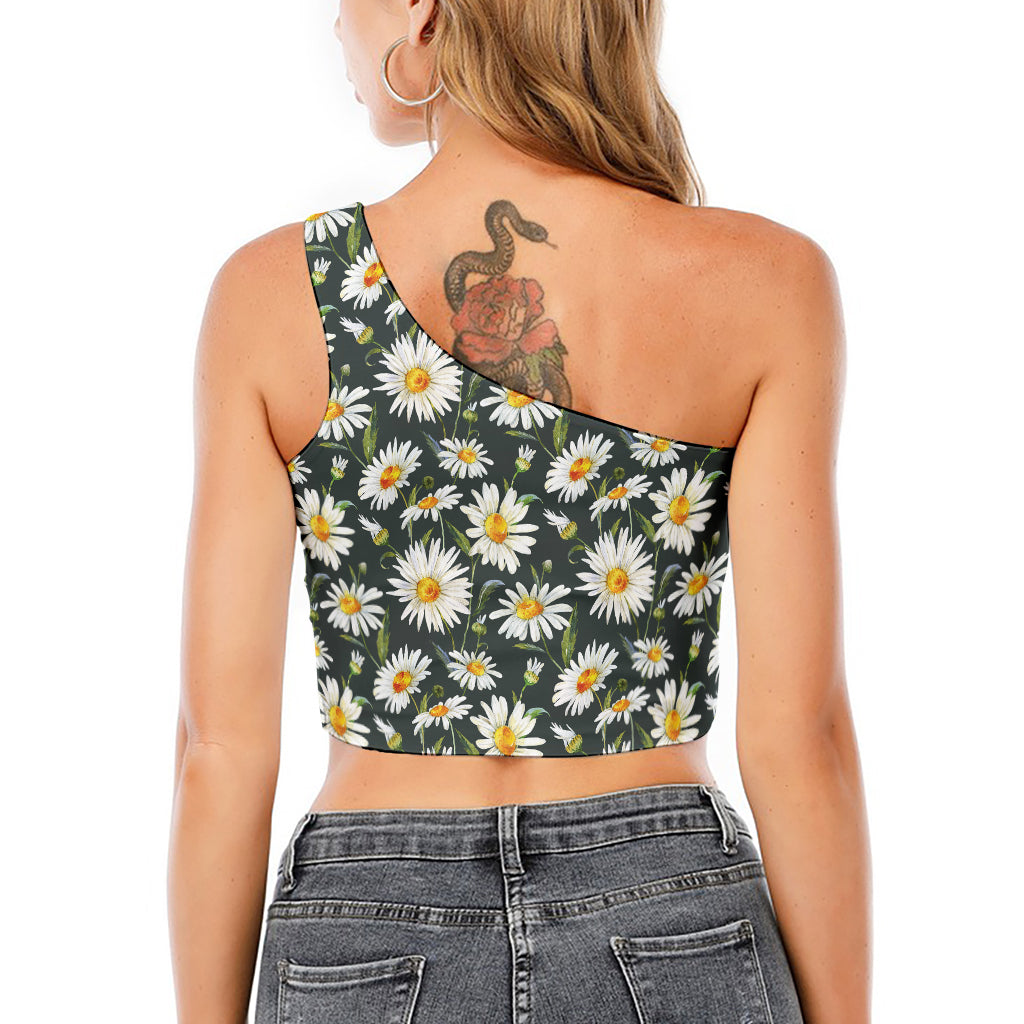 Watercolor Daisy Flower Pattern Print One Shoulder Crop Top