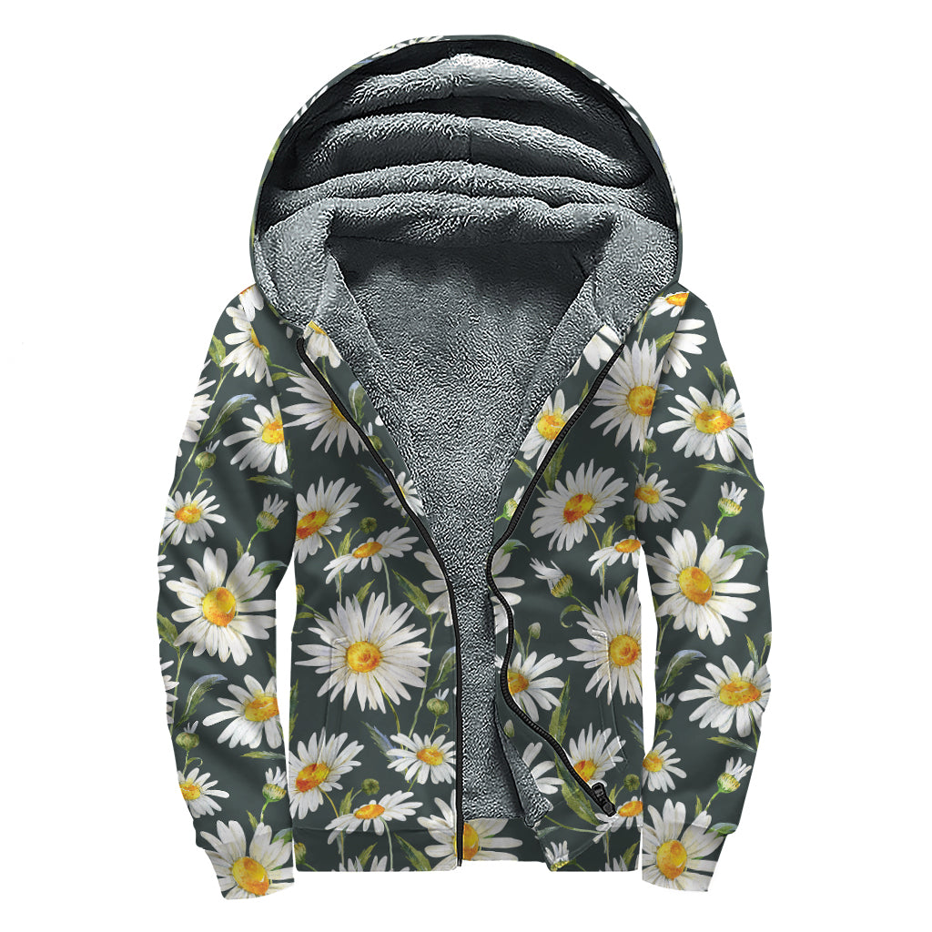 Watercolor Daisy Flower Pattern Print Sherpa Lined Zip Up Hoodie