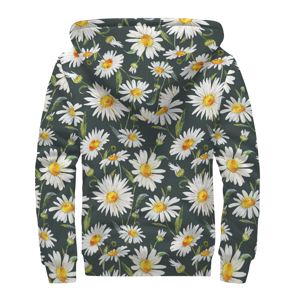 Watercolor Daisy Flower Pattern Print Sherpa Lined Zip Up Hoodie