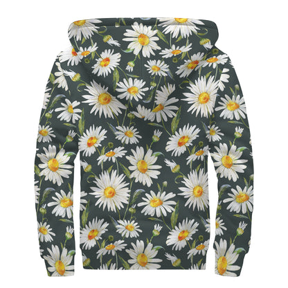 Watercolor Daisy Flower Pattern Print Sherpa Lined Zip Up Hoodie