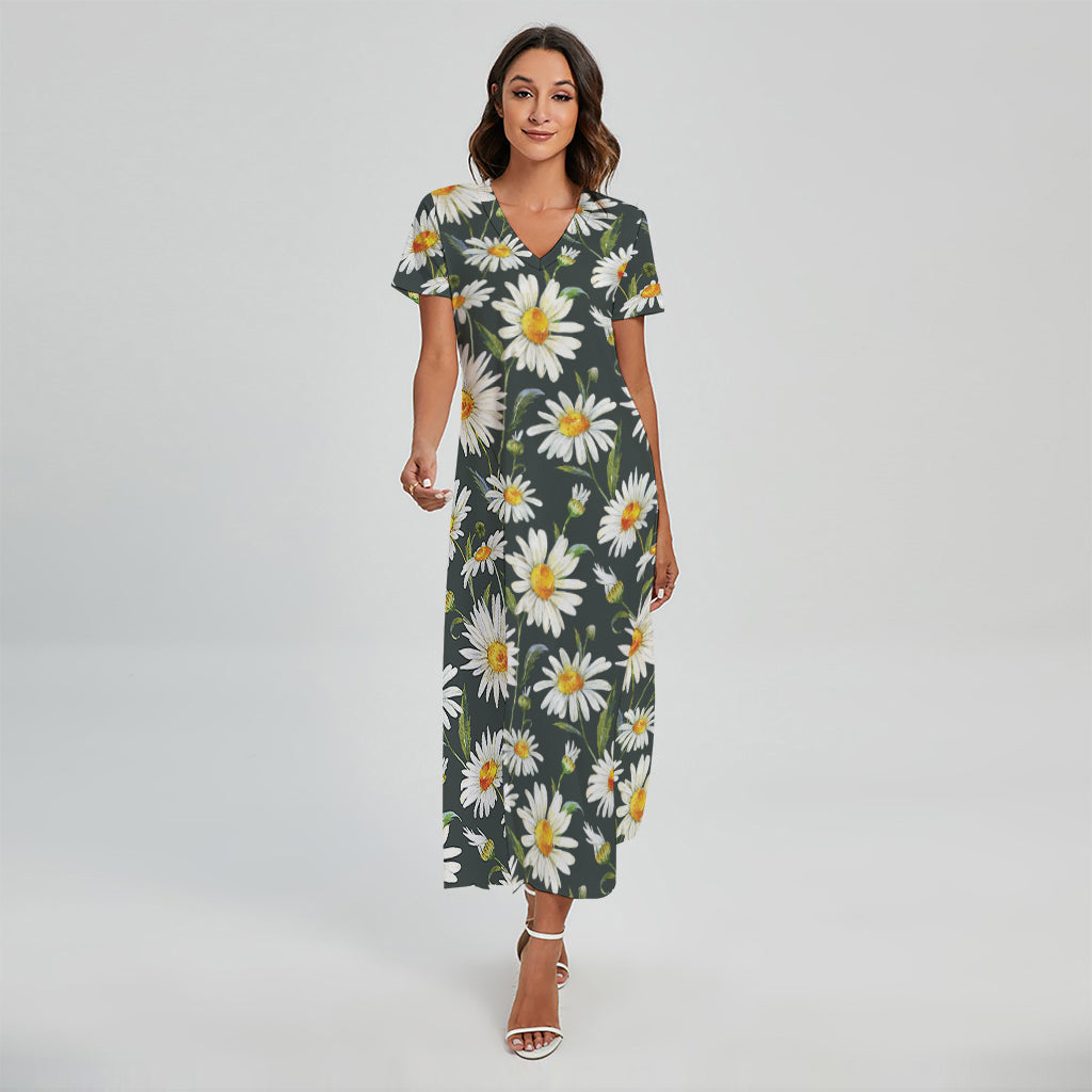 Watercolor Daisy Flower Pattern Print Short Sleeve Maxi Dress