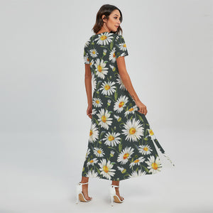 Watercolor Daisy Flower Pattern Print Short Sleeve Maxi Dress