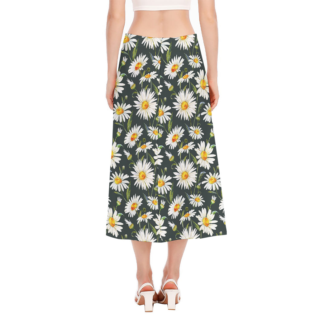 Watercolor Daisy Flower Pattern Print Side Slit Midi Skirt