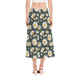 Watercolor Daisy Flower Pattern Print Side Slit Midi Skirt