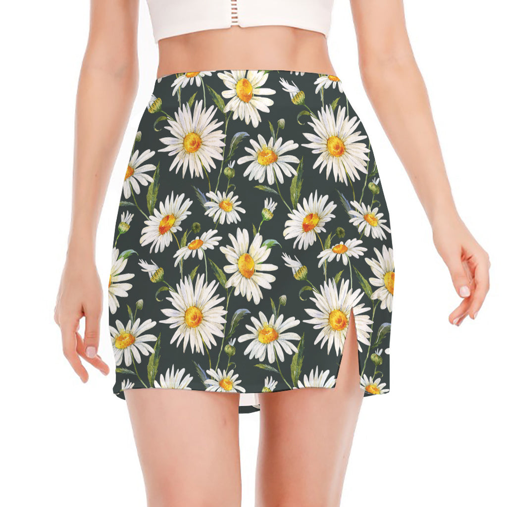 Watercolor Daisy Flower Pattern Print Side Slit Mini Skirt