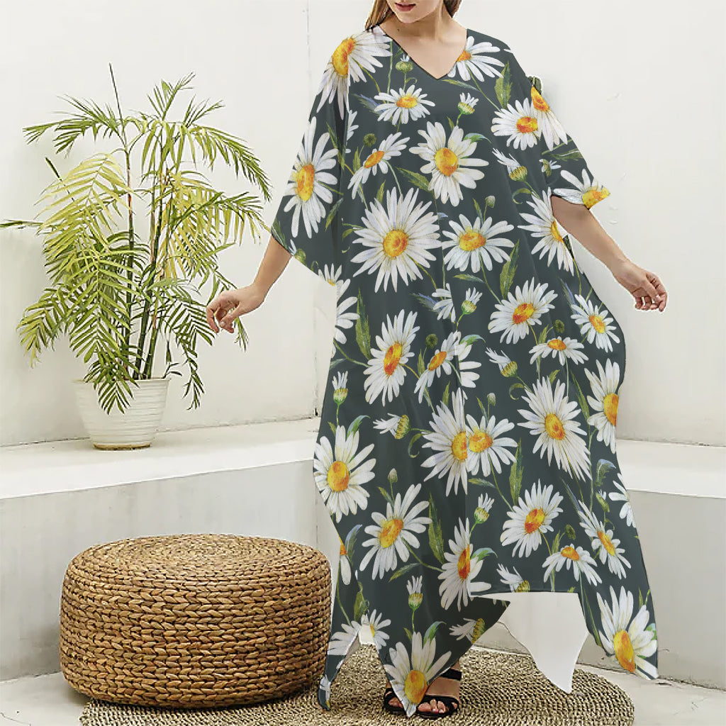 Watercolor Daisy Flower Pattern Print Silk V-Neck Kaftan Dress