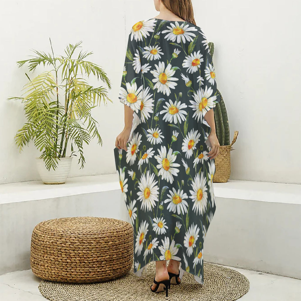 Watercolor Daisy Flower Pattern Print Silk V-Neck Kaftan Dress