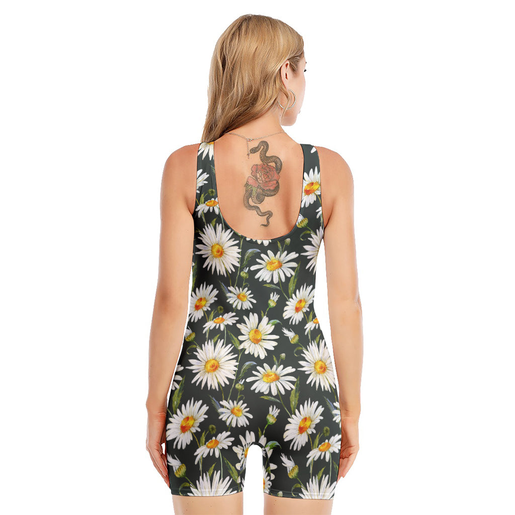 Watercolor Daisy Flower Pattern Print Sleeveless One Piece Swimsuit