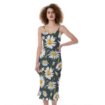 Watercolor Daisy Flower Pattern Print Slim Fit Midi Cami Dress