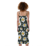 Watercolor Daisy Flower Pattern Print Slim Fit Midi Cami Dress