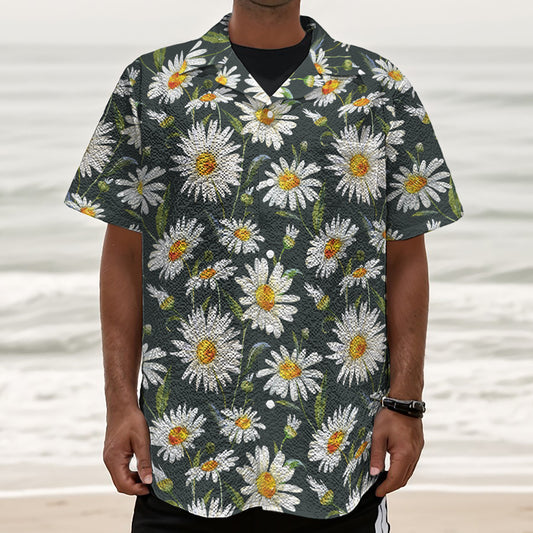 Watercolor Daisy Flower Pattern Print Textured Short Sleeve Shirt