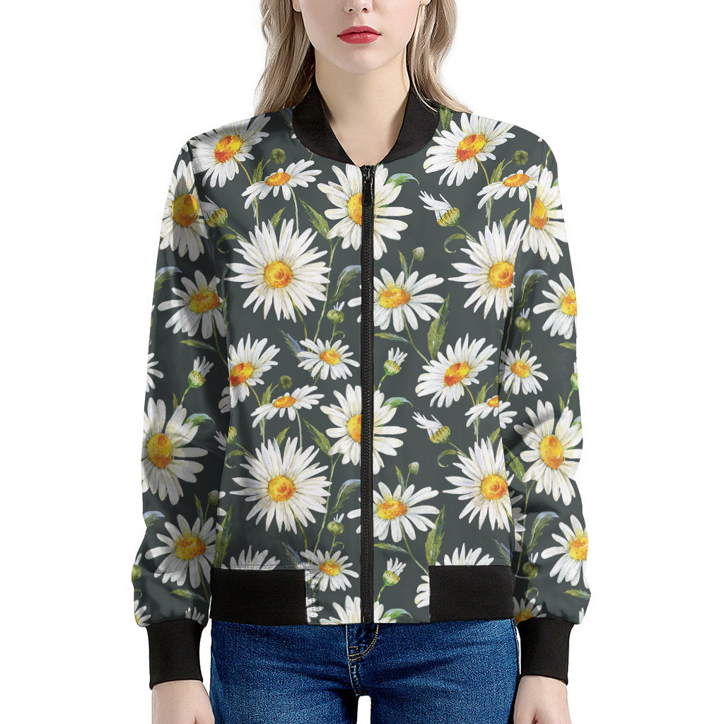 Watercolor Daisy Flower Pattern Print Women's Bomber Jacket