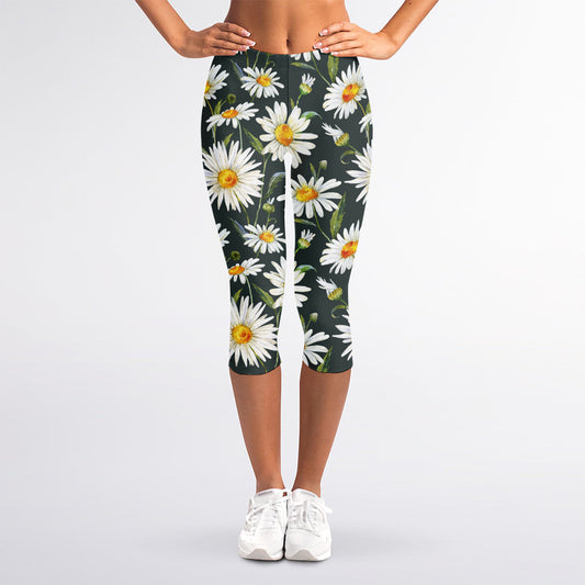 Watercolor Daisy Flower Pattern Print Women's Capri Leggings