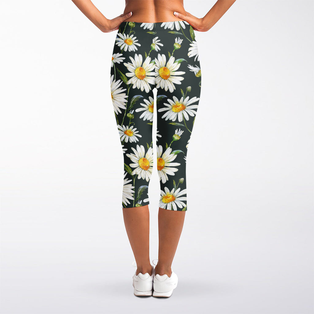 Watercolor Daisy Flower Pattern Print Women's Capri Leggings
