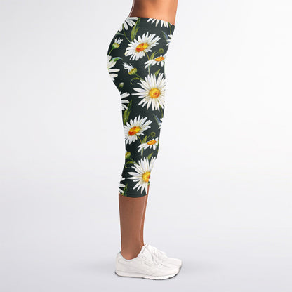Watercolor Daisy Flower Pattern Print Women's Capri Leggings