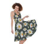 Watercolor Daisy Flower Pattern Print Women's Sleeveless Dress