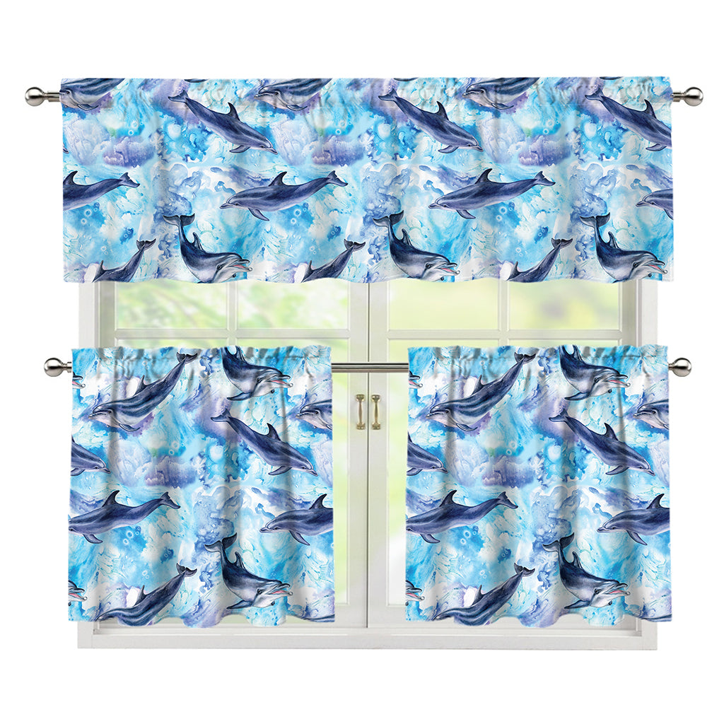 Watercolor Dolphin In The Sea Print 3 Piece Kitchen Curtains