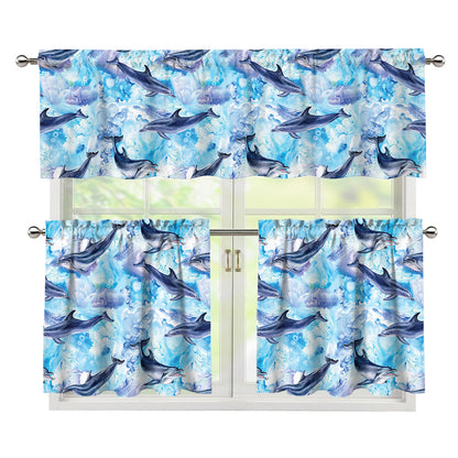 Watercolor Dolphin In The Sea Print 3 Piece Kitchen Curtains