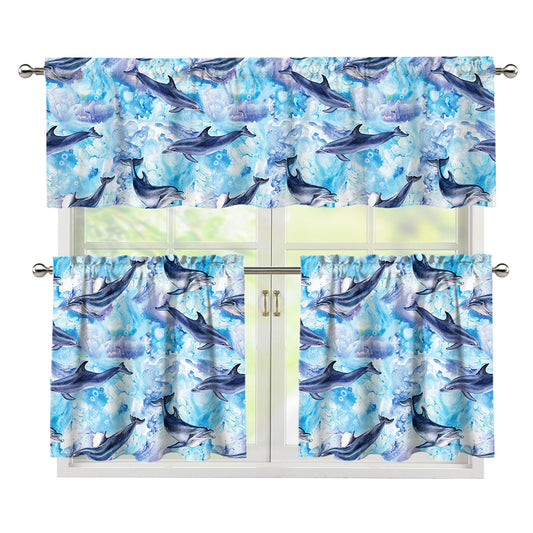 Watercolor Dolphin In The Sea Print 3 Piece Kitchen Curtains