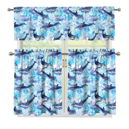 Watercolor Dolphin In The Sea Print 3 Piece Kitchen Curtains