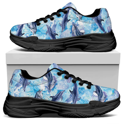 Watercolor Dolphin In The Sea Print Black Chunky Shoes