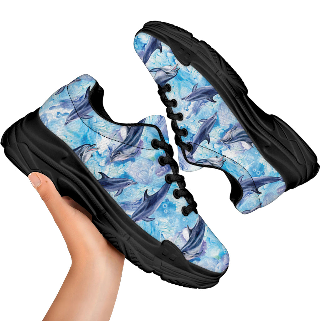 Watercolor Dolphin In The Sea Print Black Chunky Shoes